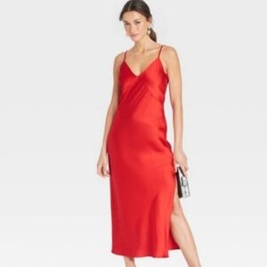 A New Day Red Satin Slip Midi Dress with V-Neck Size SM NWT